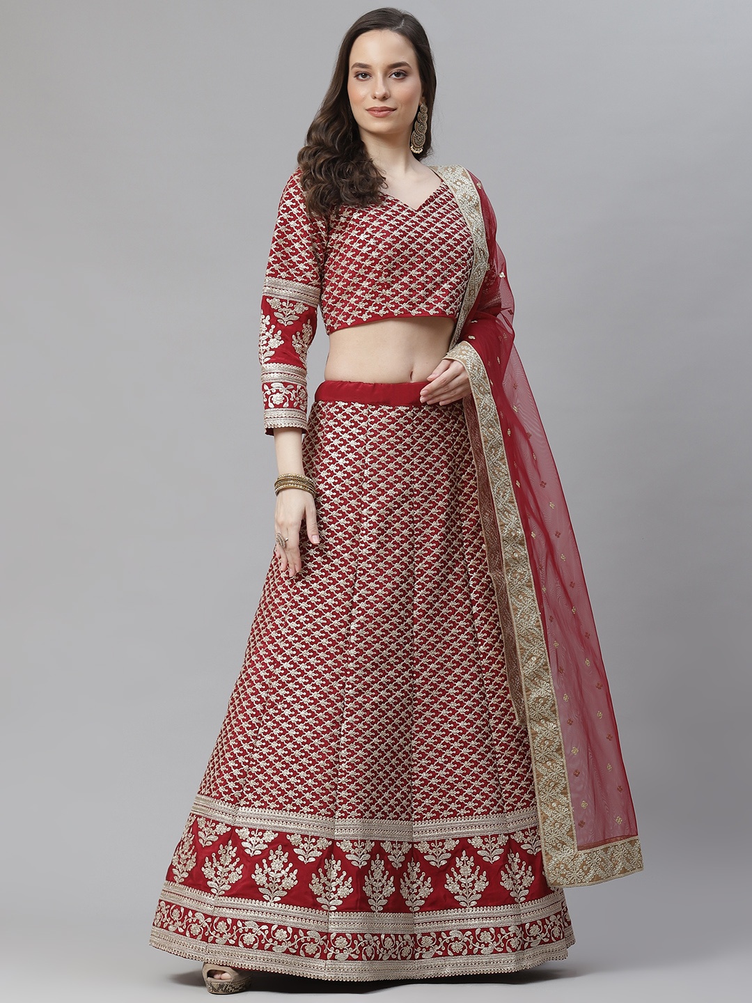 Readiprint Fashions Maroon & Gold-Toned Embroidered Semi-Stitched Lehenga & Blouse With Dupatta
Readiprint Fashions Maroon & Gold-Toned Embroidered Semi-Stitched Lehenga & Blouse With Dupatta