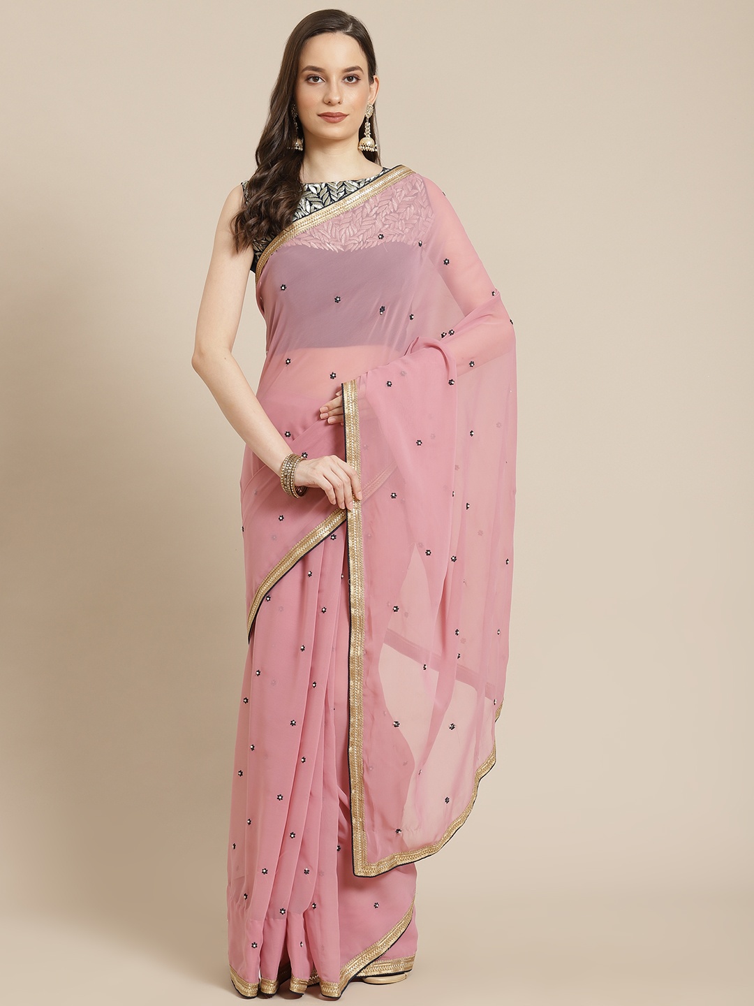 Readiprint Fashions Pink & Blue Embroidered Poly Georgette Saree