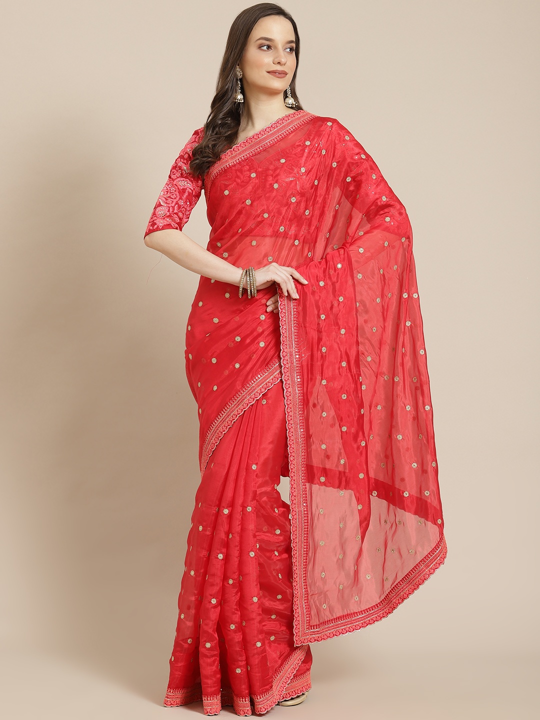Readiprint Fashions Red Floral Zari Organza Tussar Saree