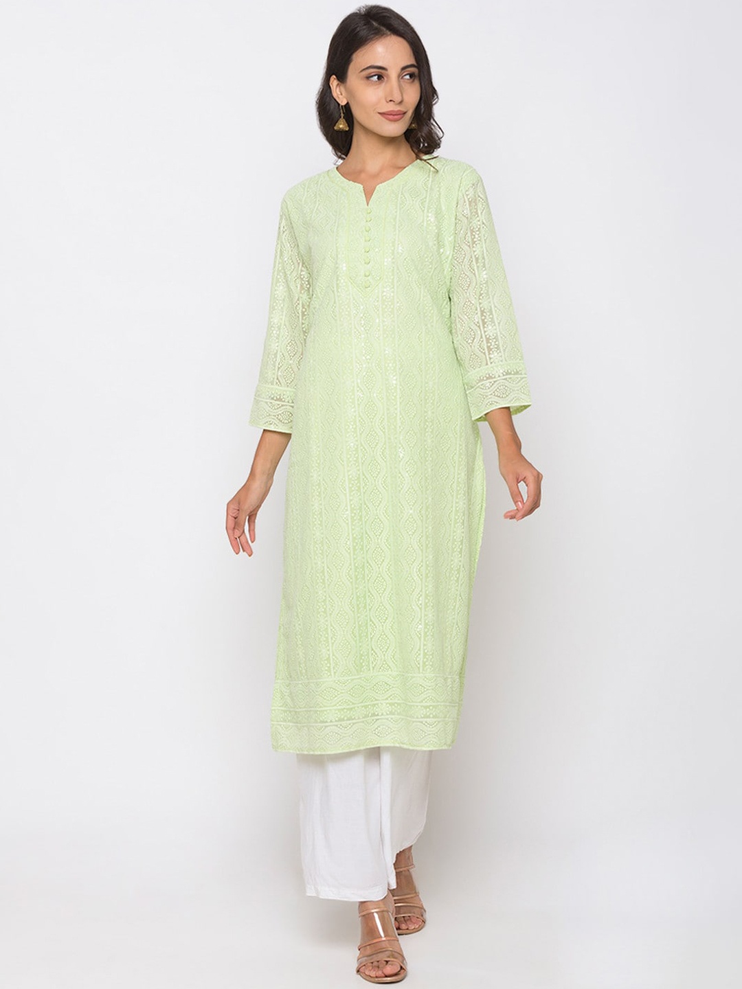 ZOLA Women Green Ethnic Motifs Embroidered Chikankari Kurta