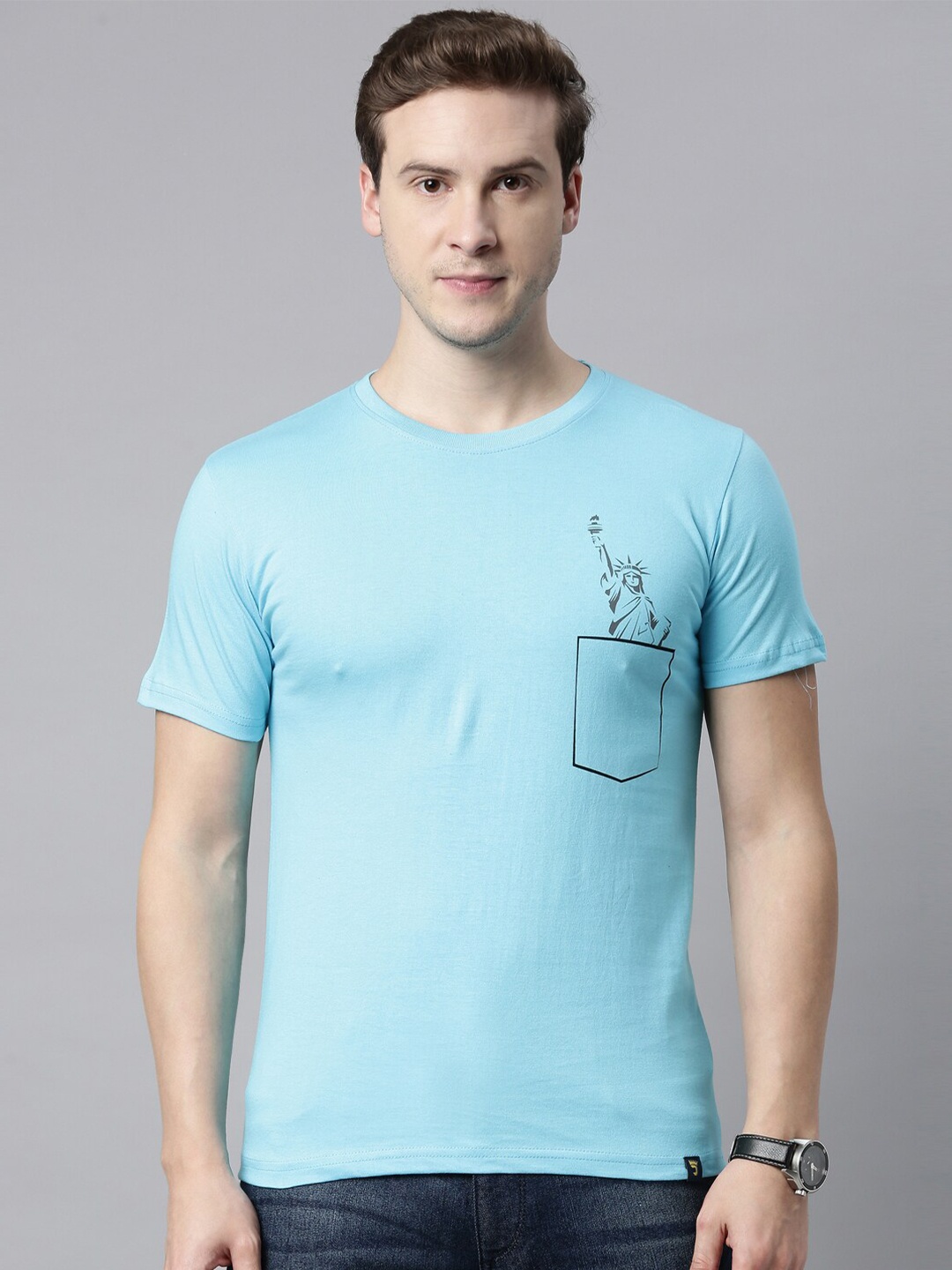 Joven Men Turquoise Blue Pockets T-shirt