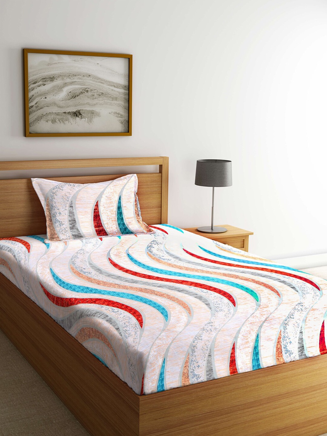 Arrabi Multicoloured Graphic 300 TC Single Bedsheet with 1 Pillow Covers, Multi