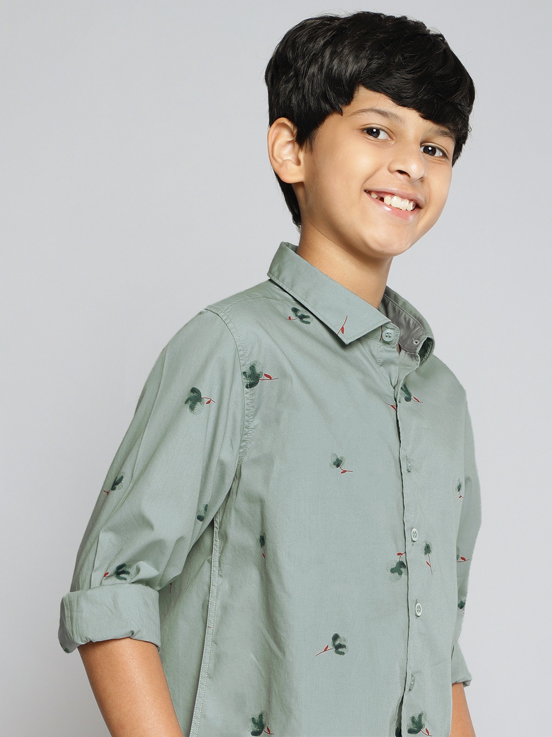 M&H Juniors Boys Green Floral Pure Cotton Printed Casual Shirt