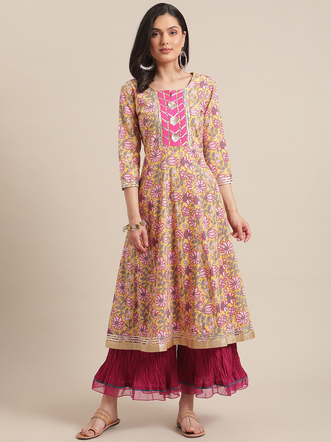 Varanga Women Yellow & Pink Floral Screen Printed Pure Cotton Anarkali Kurta 
Varanga Women Yellow & Pink Floral Screen Printed Pure Cotton Anarkali Kurta