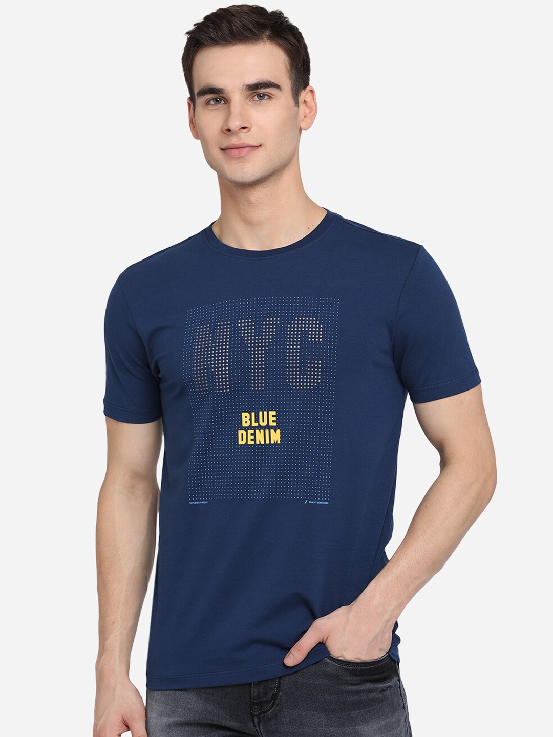 JADE BLUE Men Navy Blue Typography Printed Slim Fit Pure Cotton T-shirt