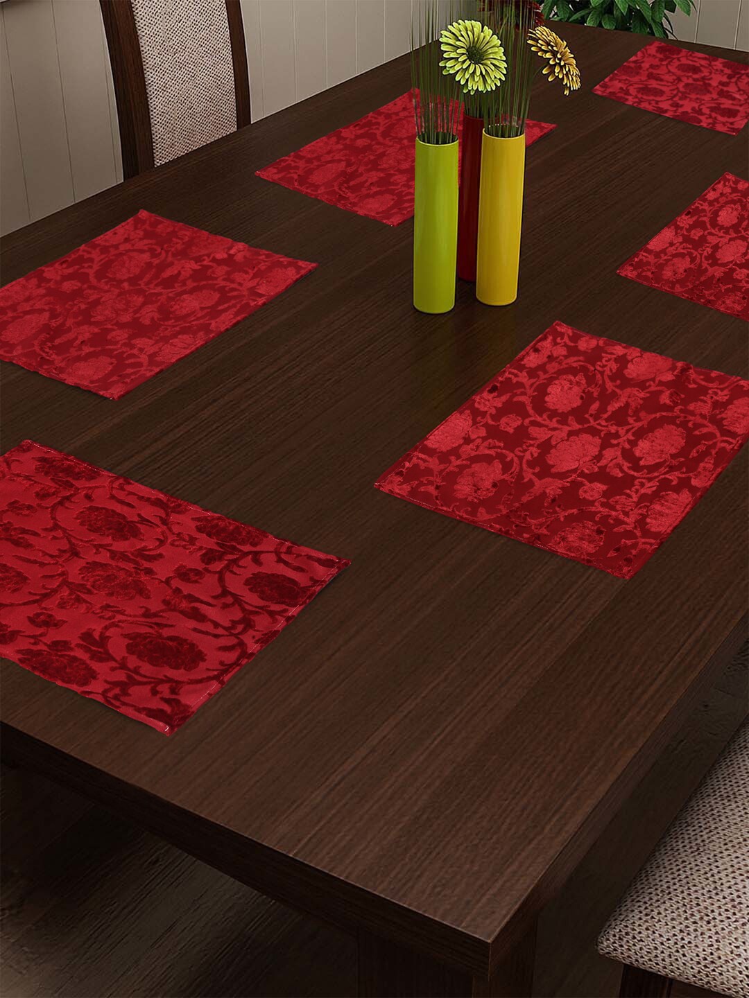 Arrabi Set Of 6 Red Self-Design Rectangular Table Placemats