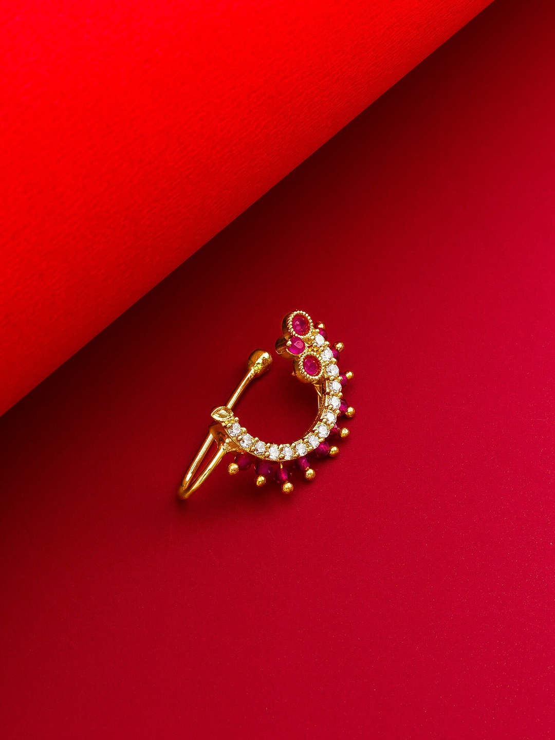 aadita Gold-Plated White & Pink AD & Ruby-Studded & Beaded Stud Marathi Nose Pin
aadita Gold-Plated White & Pink AD & Ruby-Studded & Beaded Stud Marathi Nose Pin