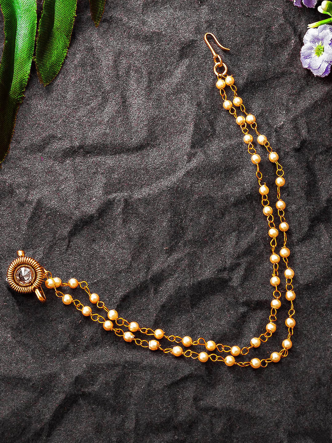 aadita Gold-Plated White AD-Studded & Beaded Nose Ring With Chain
aadita Gold-Plated White AD-Studded & Beaded Nose Ring With Chain