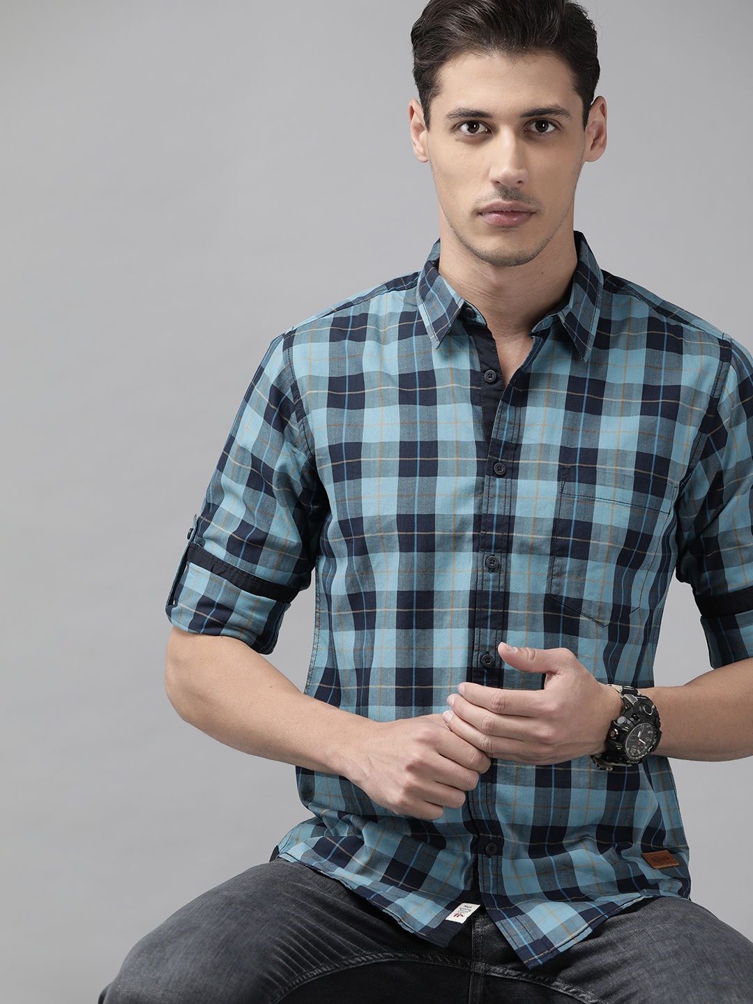 Roadster Men Navy Blue Tartan Checked Pure Cotton Shirt