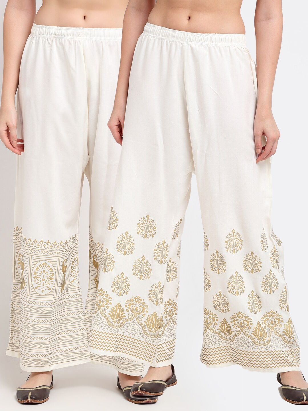 TAG 7 Pack of 2 Women White & Gold-Toned Ethnic Motifs Printed Flared Ethnic Palazzos
TAG 7 Pack of 2 Women White & Gold-Toned Ethnic Motifs Printed Flared Ethnic Palazzos