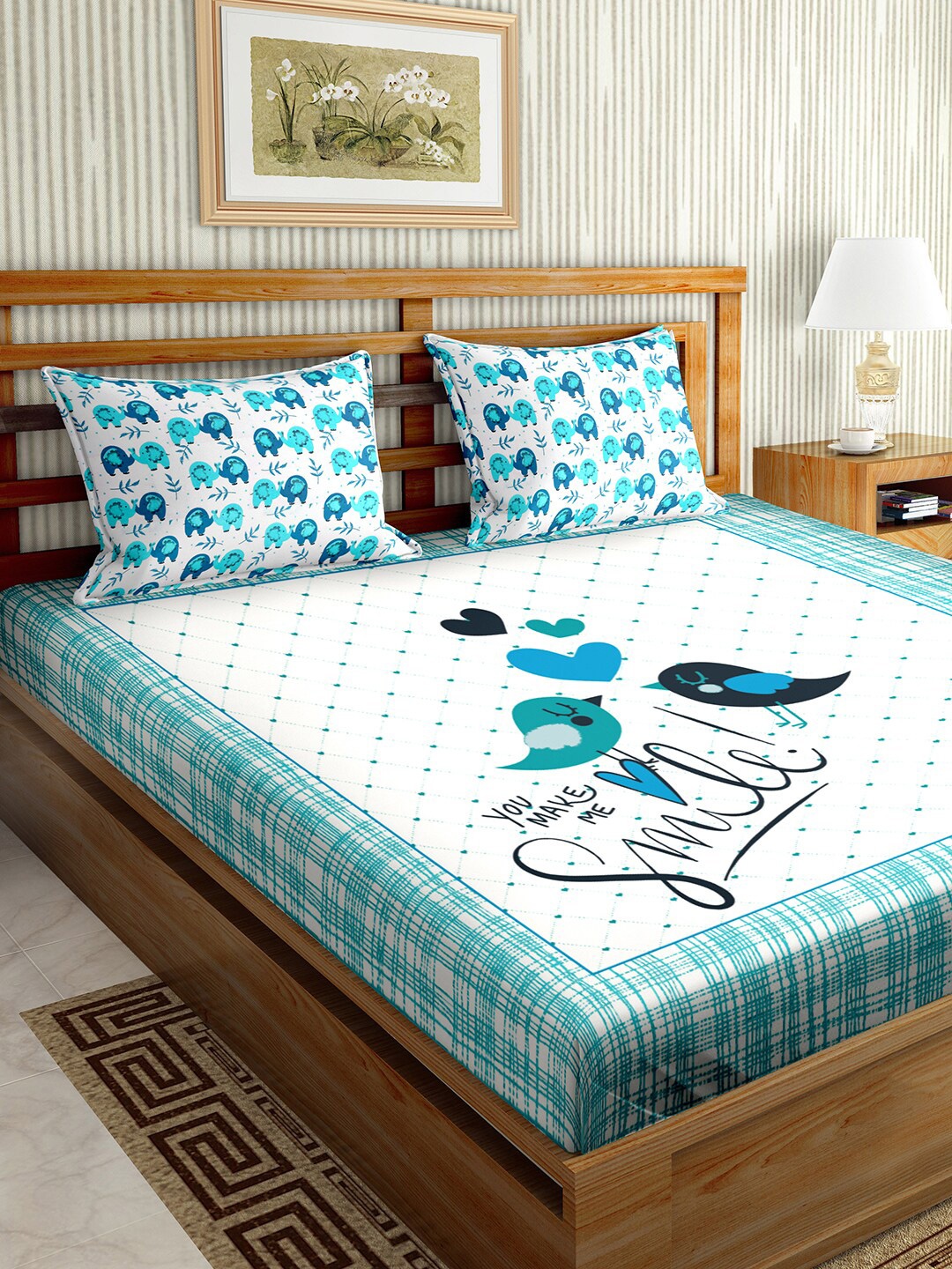BELLA CASA Blue & White 150 TC King Bedsheet with 2 Pillow Covers