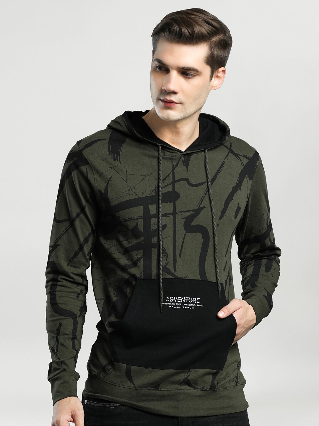 Maniac Men Olive Green Black Abstract Printed Hooded Cotton Pure Cotton T-shirt