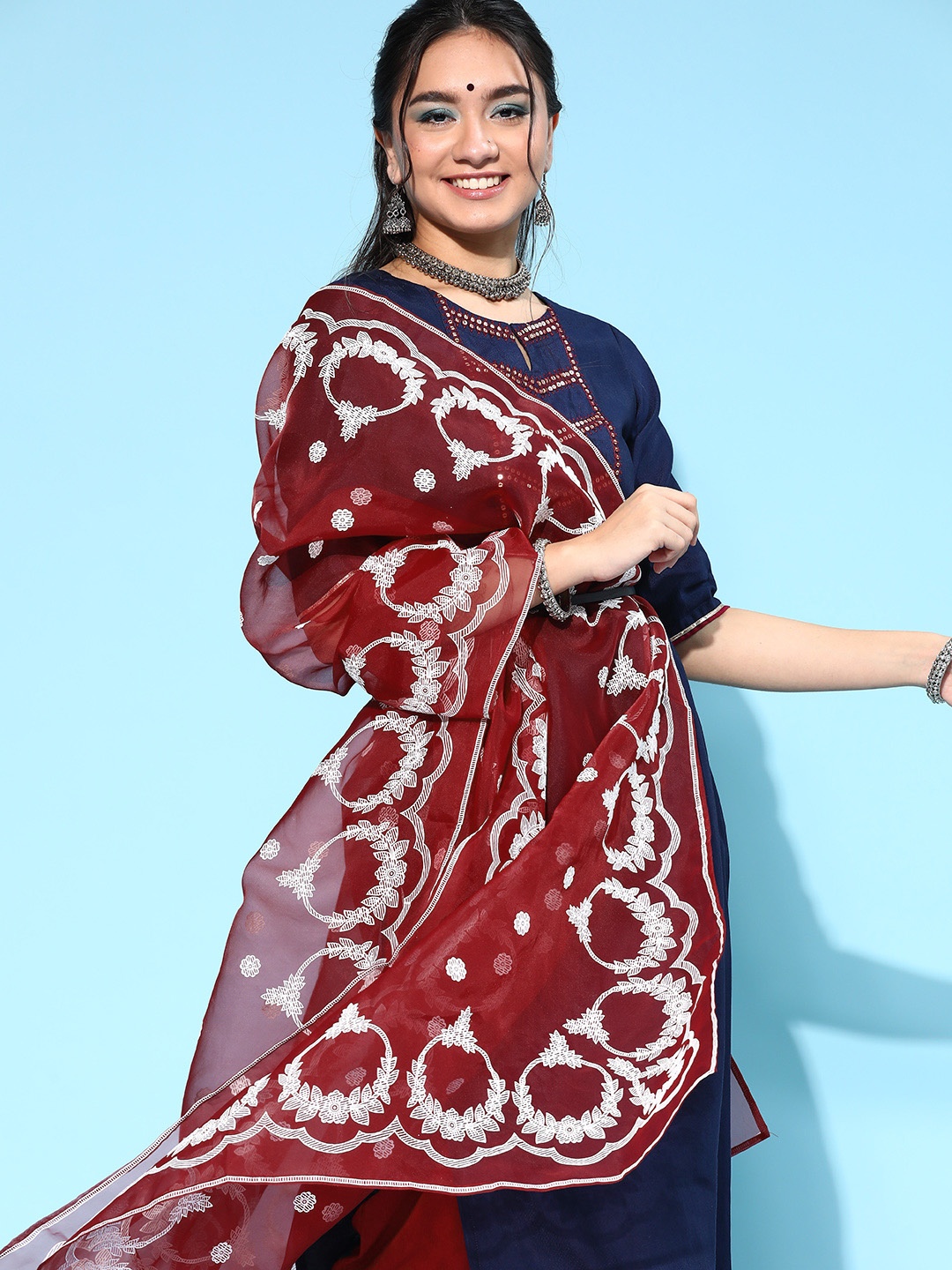 Indo Era Women Blue Embroidered Regular Sequinned Liva Kurta with Palazzos & With Dupatta
Indo Era Women Blue Embroidered Regular Sequinned Liva Kurta with Palazzos & With Dupatta