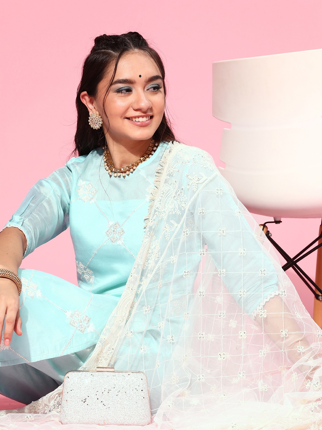 Indo Era Geometric Chanderi Cotton Kurta Set, Blue