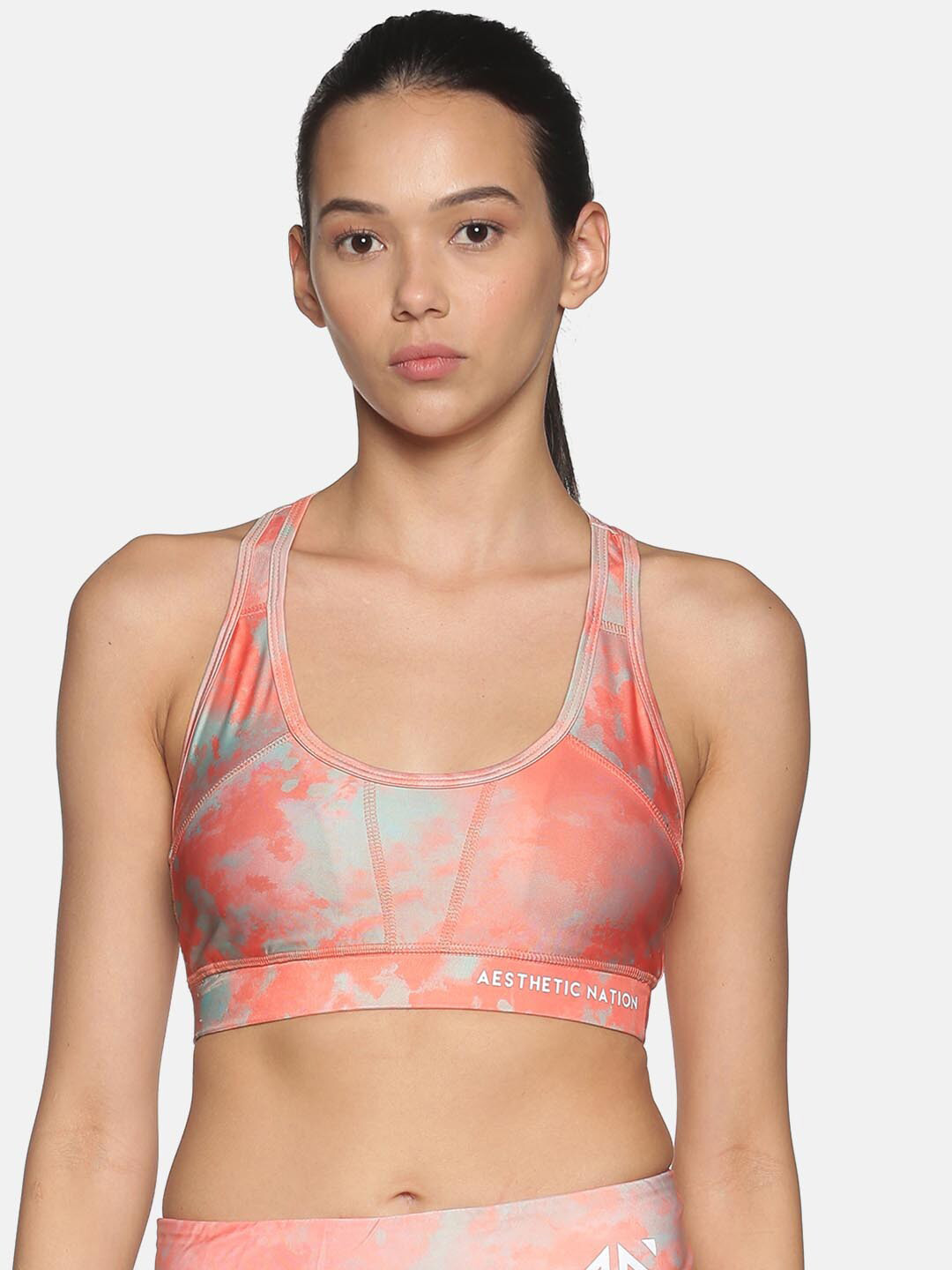 AESTHETIC NATION Women Peach & Grey Sports Bra 
AESTHETIC NATION Women Peach & Grey Sports Bra