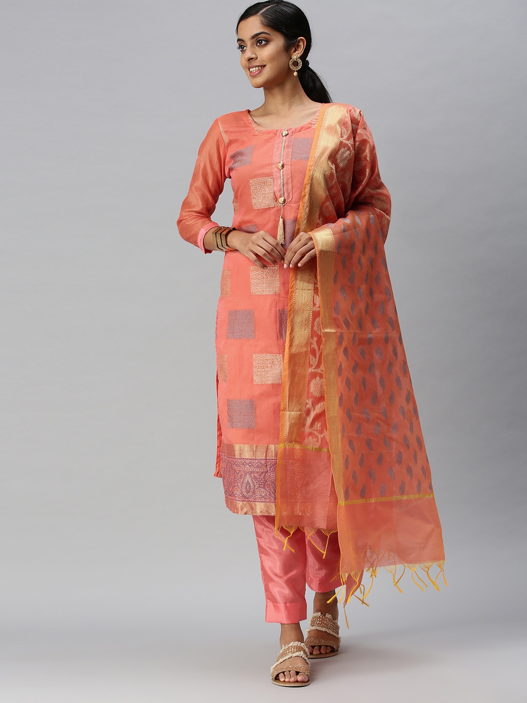 Blissta Orange Unstitched Dress Material