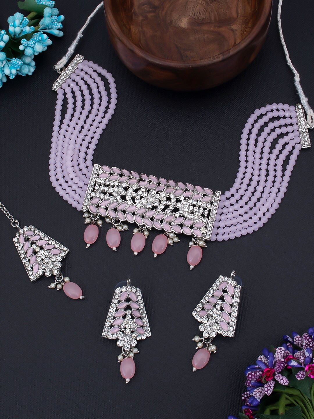 Sukkhi Rhodium-Plated Lavender-Coloured & Pink Stone-Studded & Pearl-Beaded Jewellery Set
Sukkhi Rhodium-Plated Lavender-Coloured & Pink Stone-Studded & Pearl-Beaded Jewellery Set