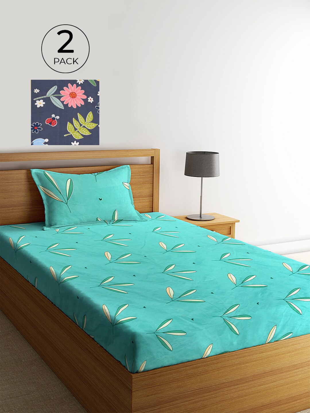 KLOTTHE Set Of 2 Blue & Green Floral 210 TC Single Bedsheet with 2 Pillow Covers