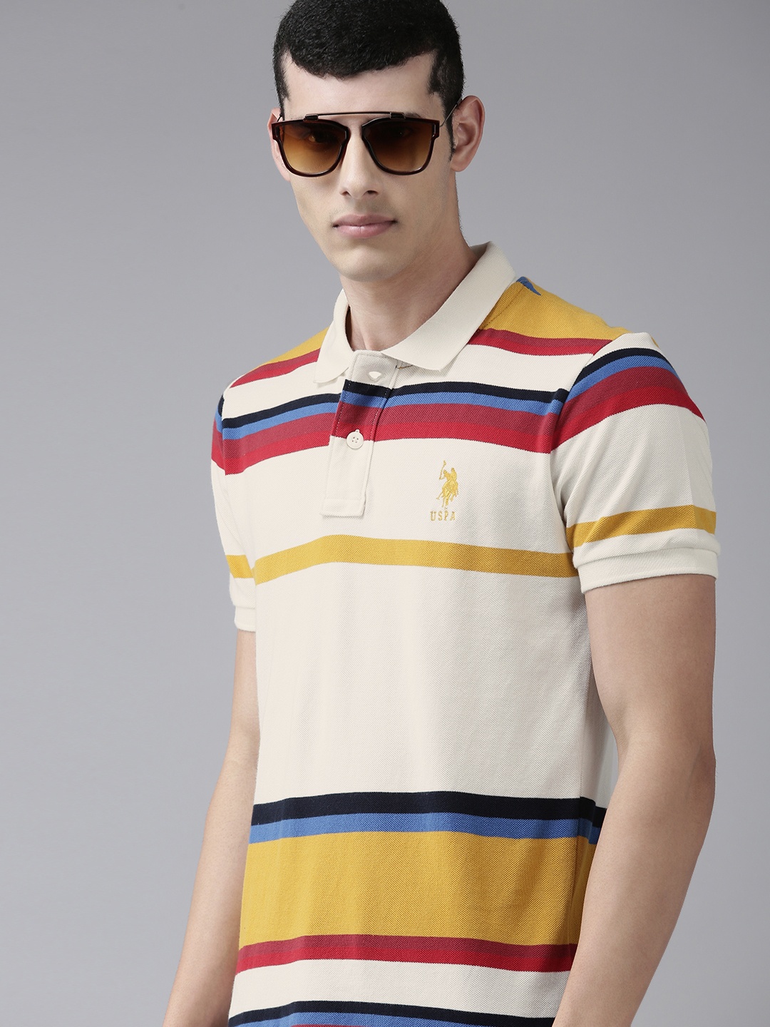 U S Polo Assn Men Off White & Mustard Yellow Striped Polo Collar Pure Cotton T-shirt
U S Polo Assn Men Off White & Mustard Yellow Striped Polo Collar Pure Cotton T-shirt