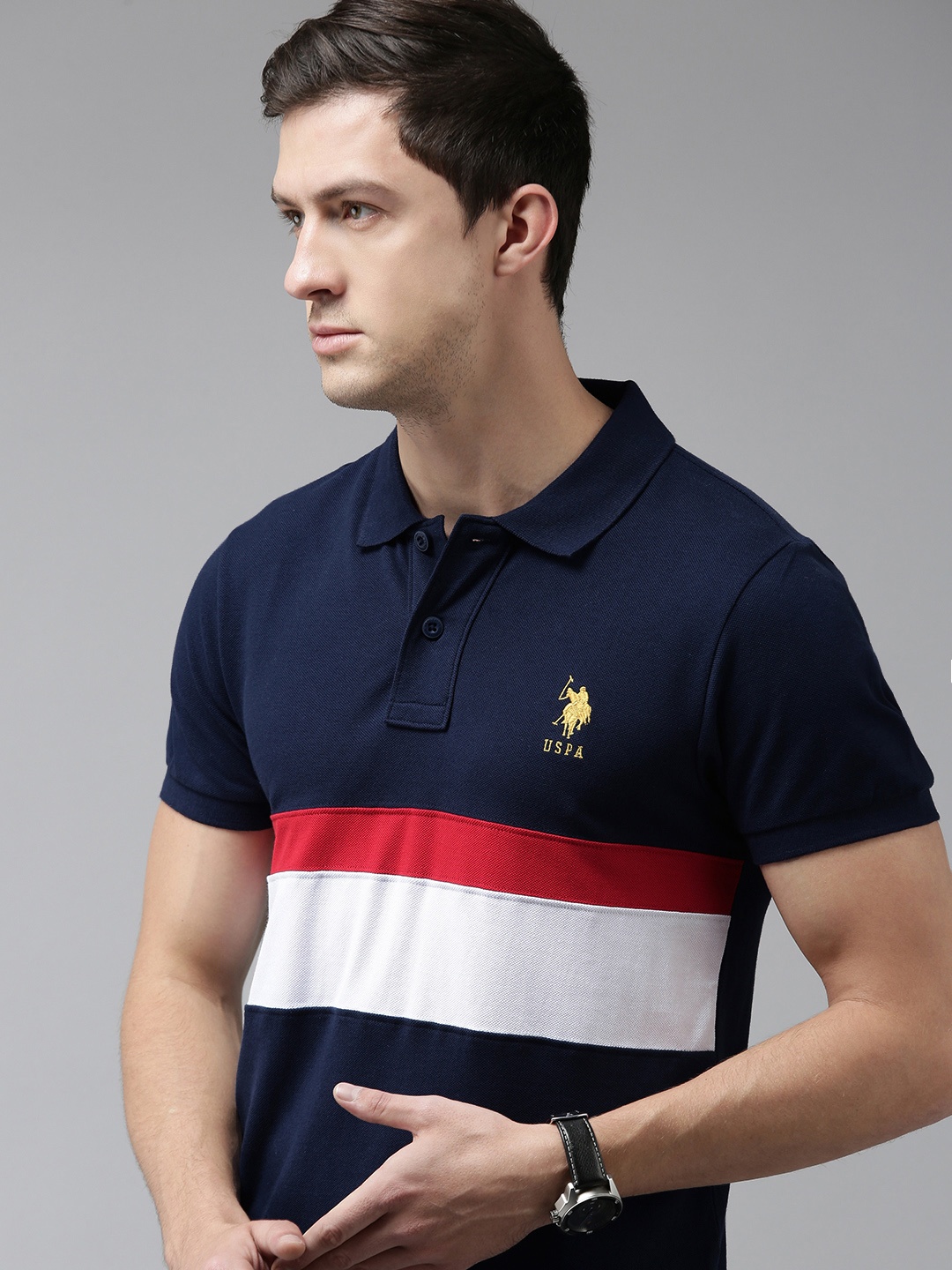 U S Polo Assn Men Navy Blue & White Colourblocked Polo Collar Slim Fit Cotton T-shirt
U S Polo Assn Men Navy Blue & White Colourblocked Polo Collar Slim Fit Cotton T-shirt