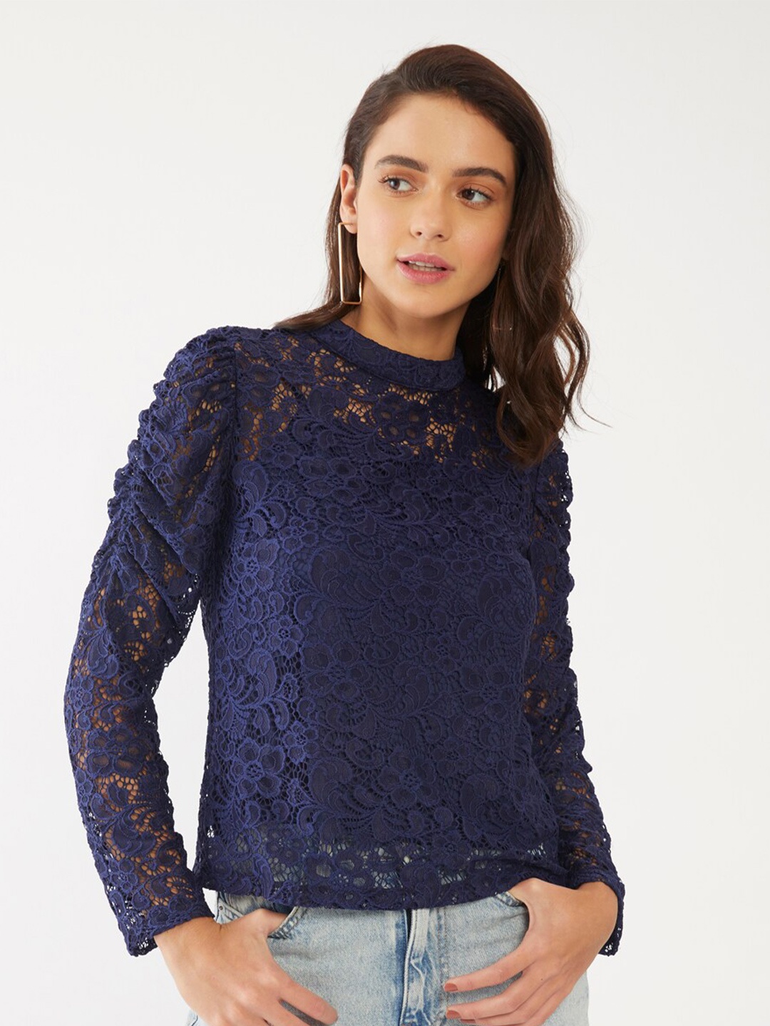Zink London Blue Lace Puff Sleeve Regular Top