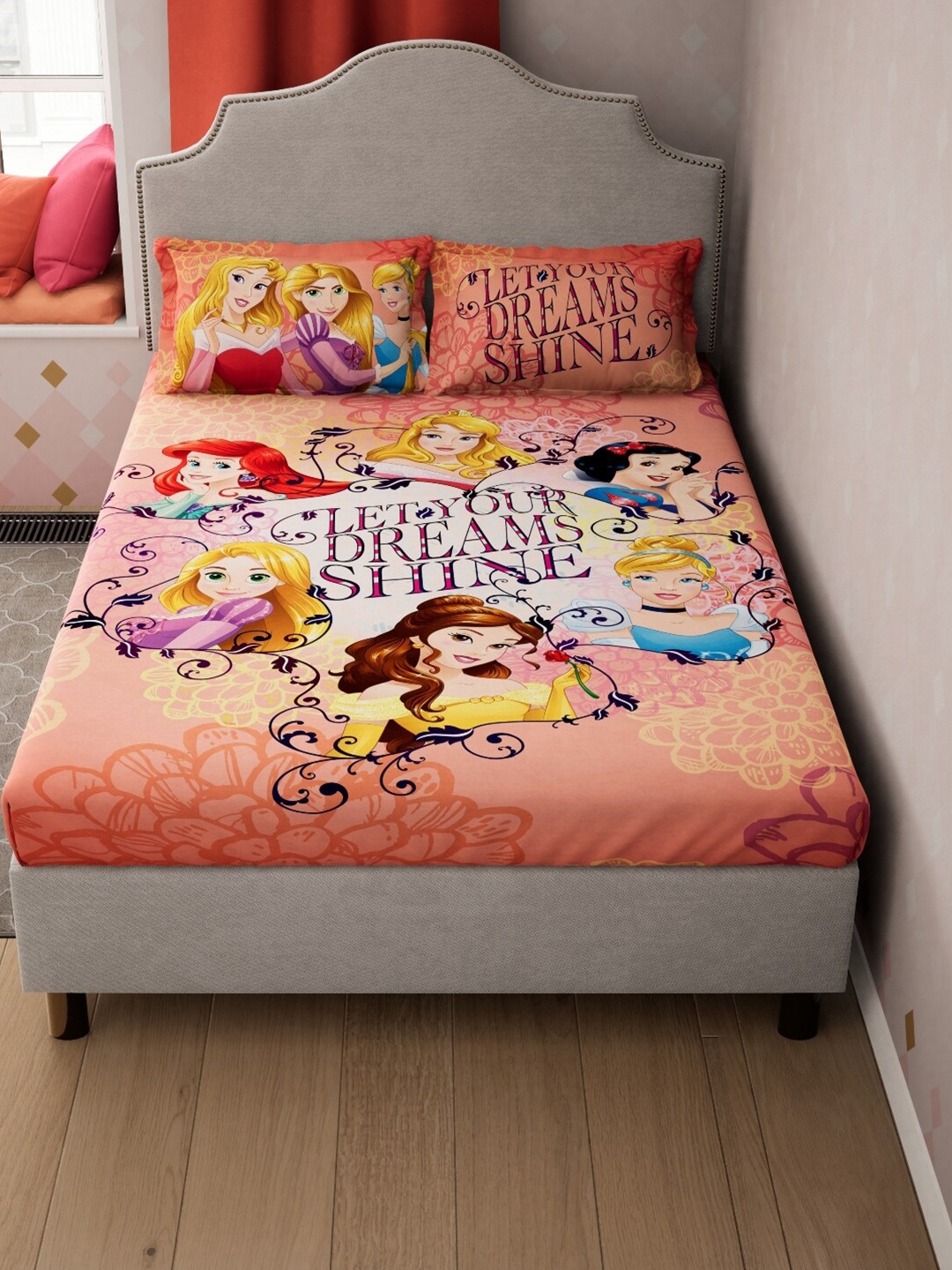 DDecor Orange & Purple Disney Princess 130 TC Queen Bedsheet with 2 Pillow Covers