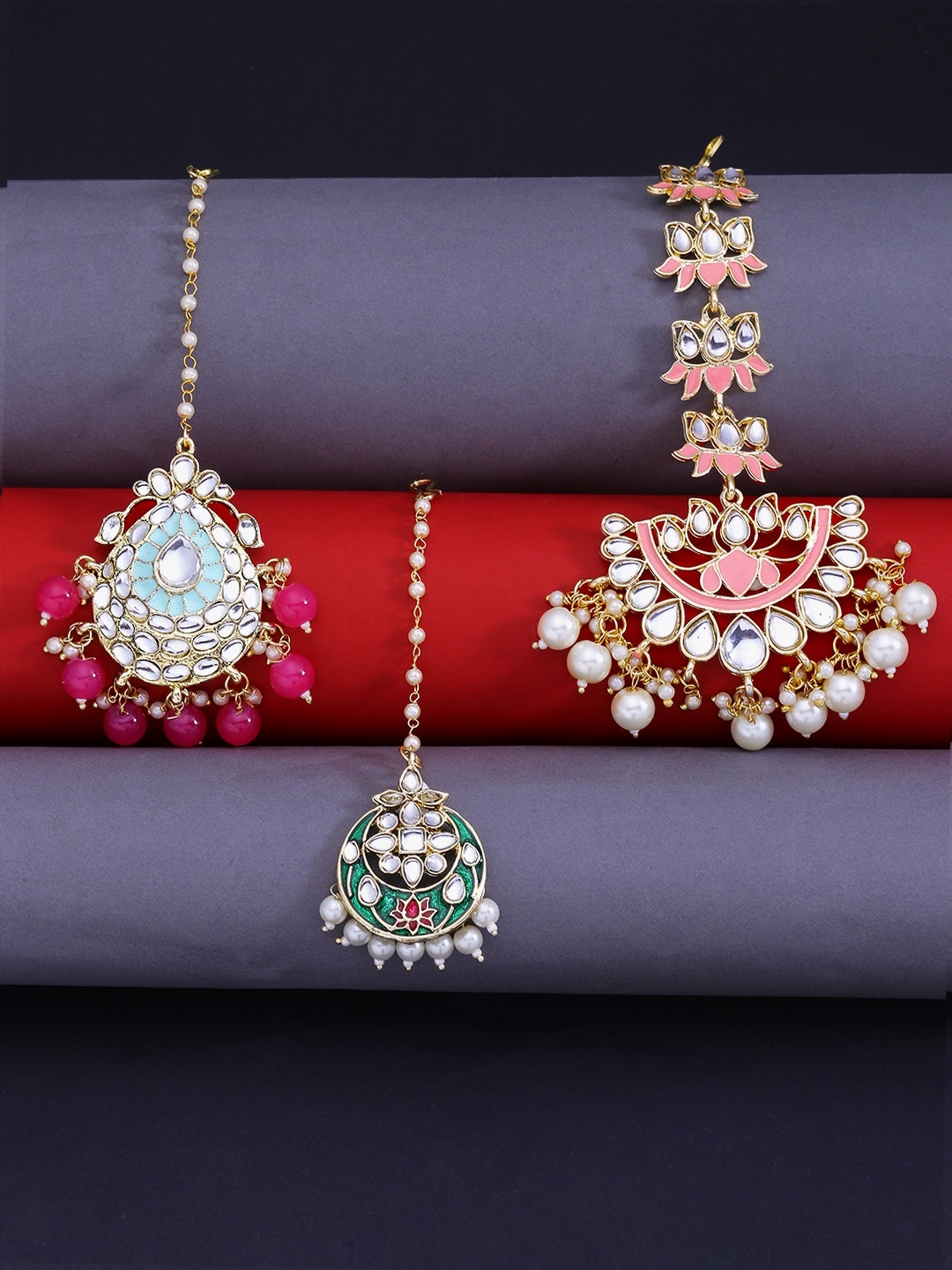 Yellow Chimes Set Of 3 Gold-Plated Kundan & Beaded Antique Meenakari Maang Tikka, Pink
Yellow Chimes Set Of 3 Gold-Plated Kundan & Beaded Antique Meenakari Maang Tikka, Pink