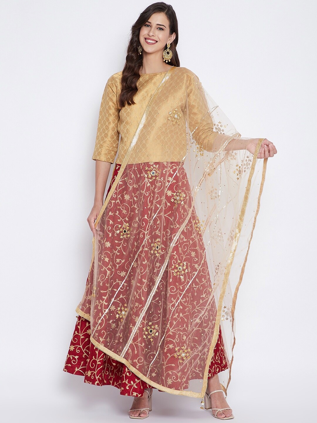 Clora Creation Gold-Toned & Silver-Toned Embroidered Dupatta with Sequinned
