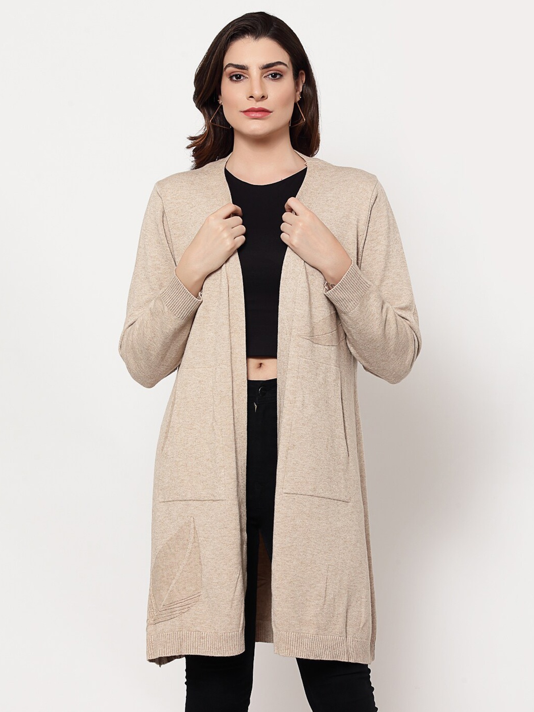 Mafadeny Women Beige Longline Shrug