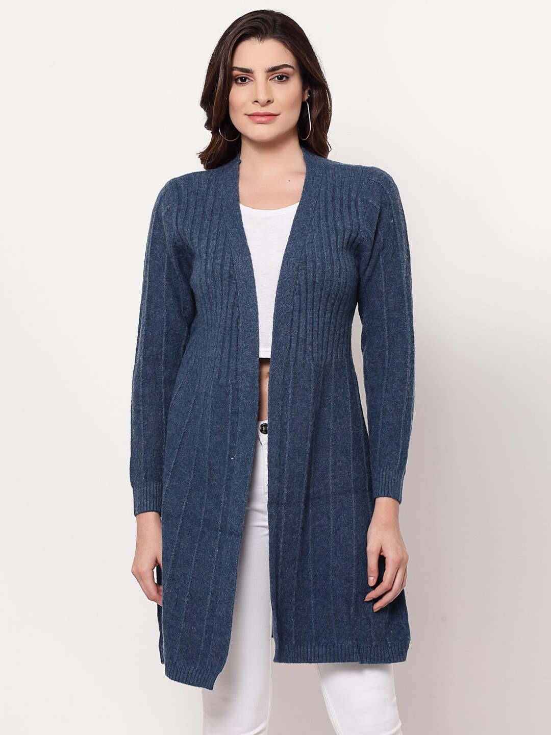 Mafadeny Women Blue Self Design Long Shrug