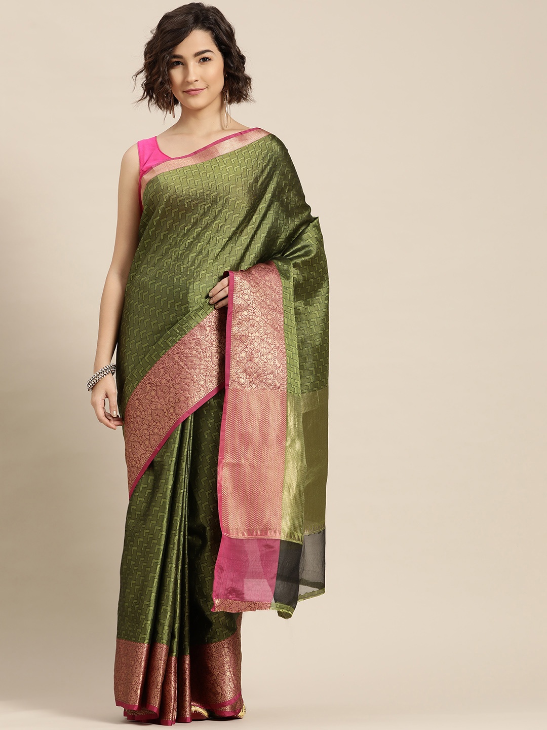 Mitera Olive Green & Pink Woven Design Zari Silk Blend Saree