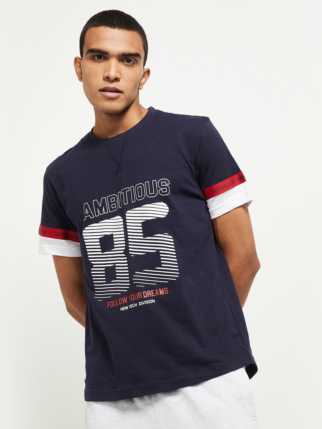 max Men Navy Blue Typography Printed Round Neck T-shirt