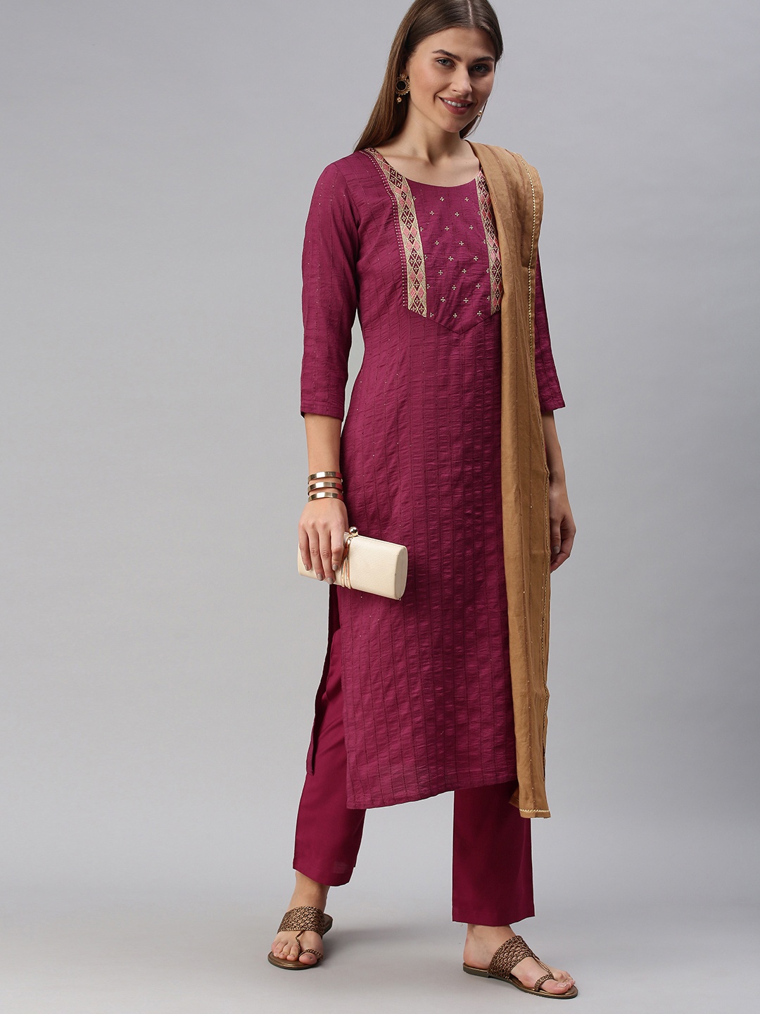 SheWill Women Magenta Embroidered & Sequence Chanderi Silk Kurta with Trousers & Dupatta
SheWill Women Magenta Embroidered & Sequence Chanderi Silk Kurta with Trousers & Dupatta