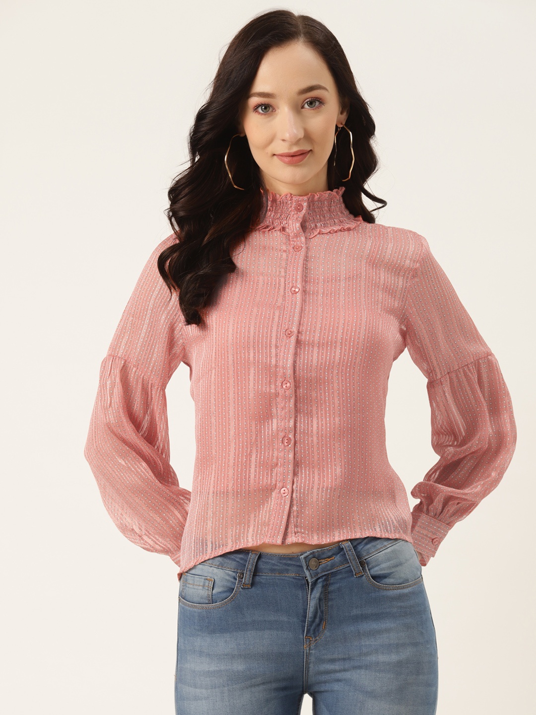 Madame Peach-Coloured Printed Smocked Mock Neck Shirt Style Top