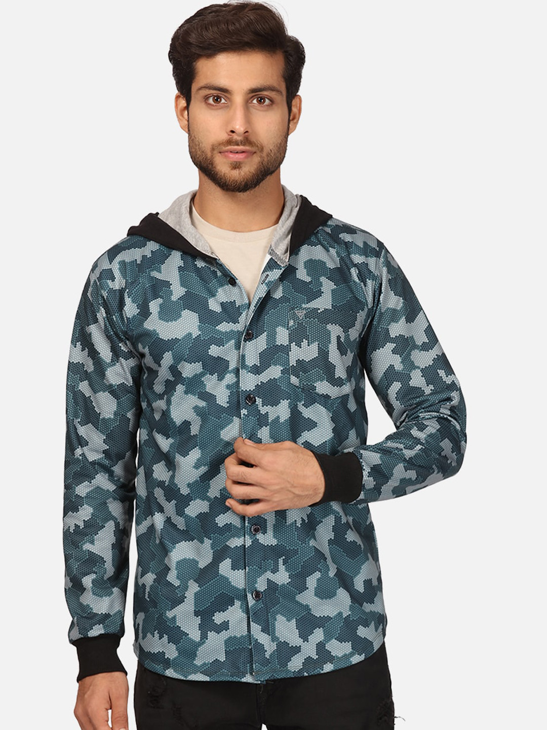 BULLMER Men Green & Grey Opaque Printed Brushed Fleece Hooded Casual Shirt 
BULLMER Men Green & Grey Opaque Printed Brushed Fleece Hooded Casual Shirt