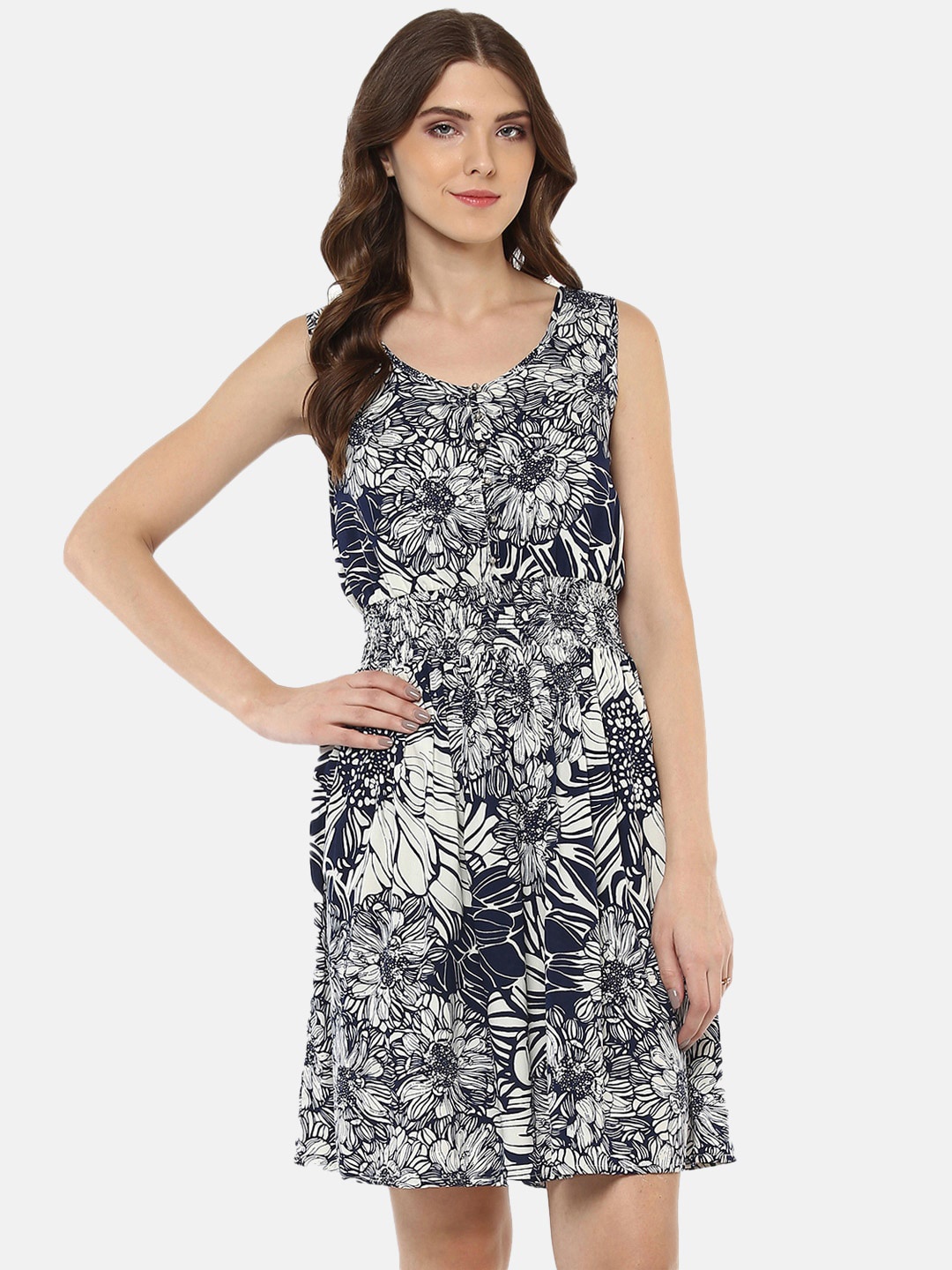 Porsorte Women Navy Blue & White Floral Crepe Dress