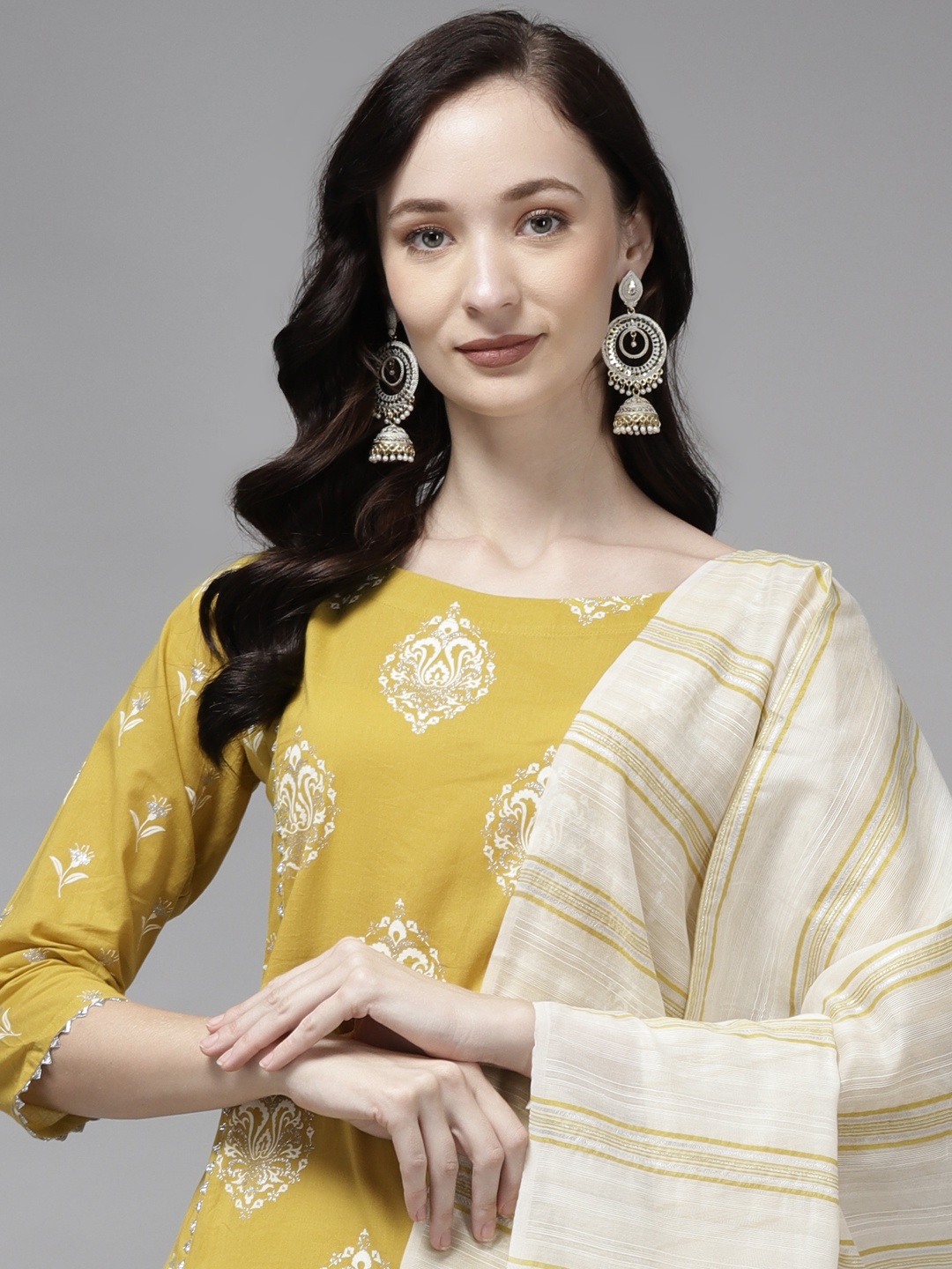 Indo Era Women Yellow & Silver Motifs Foil Print Cotton Kurta with Trousers & Dupatta
Indo Era Women Yellow & Silver Motifs Foil Print Cotton Kurta with Trousers & Dupatta