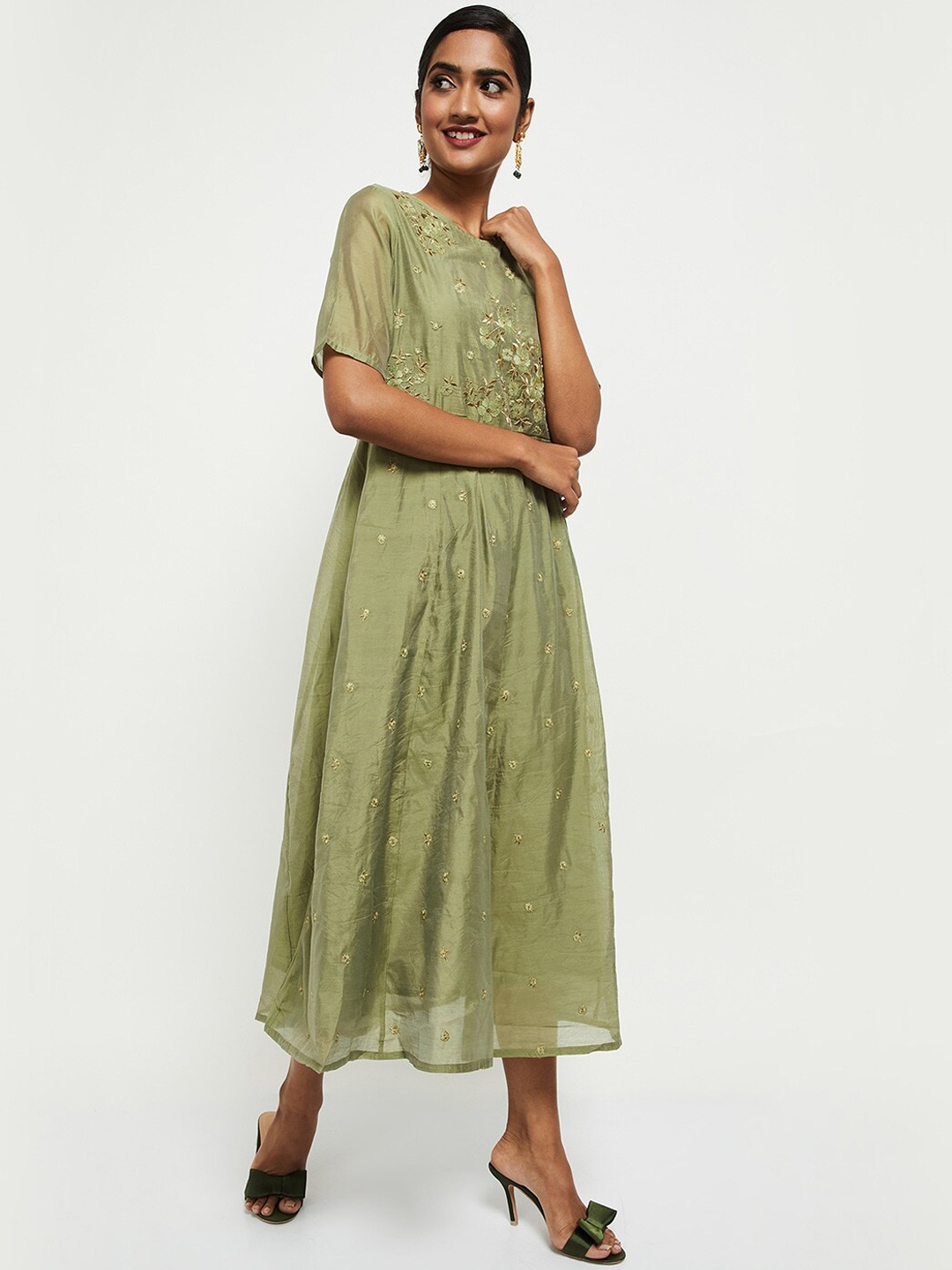 max Green Floral Embroidered Midi Dress