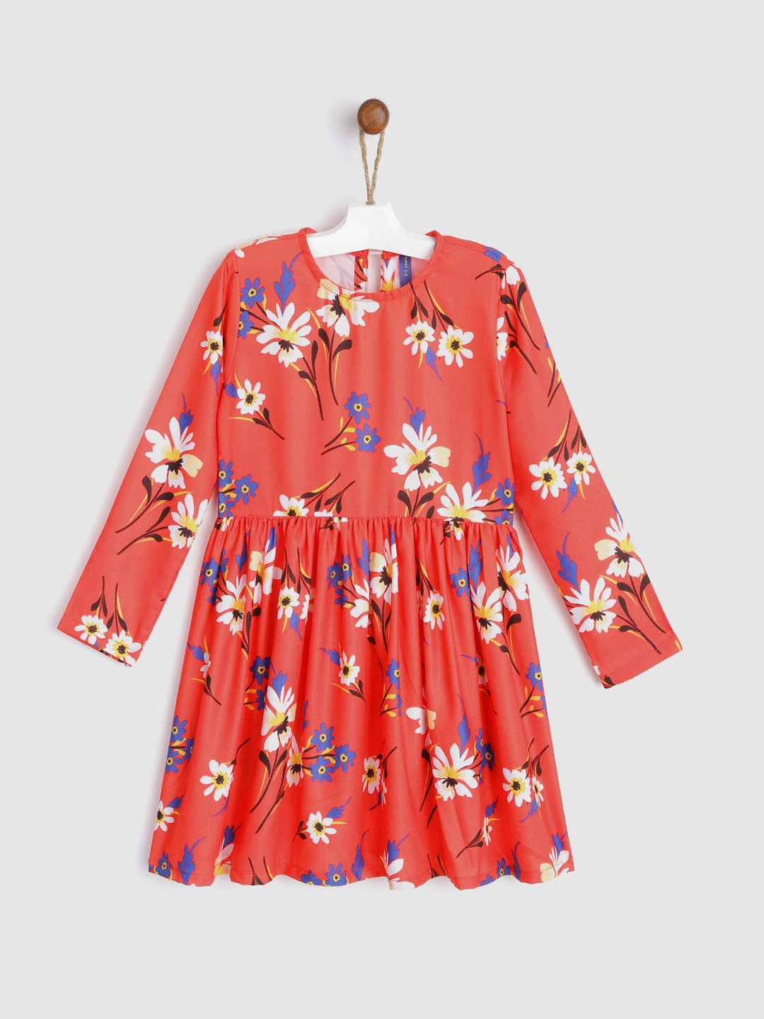 YK Girls Coral Red & White Floral A-Line Dress