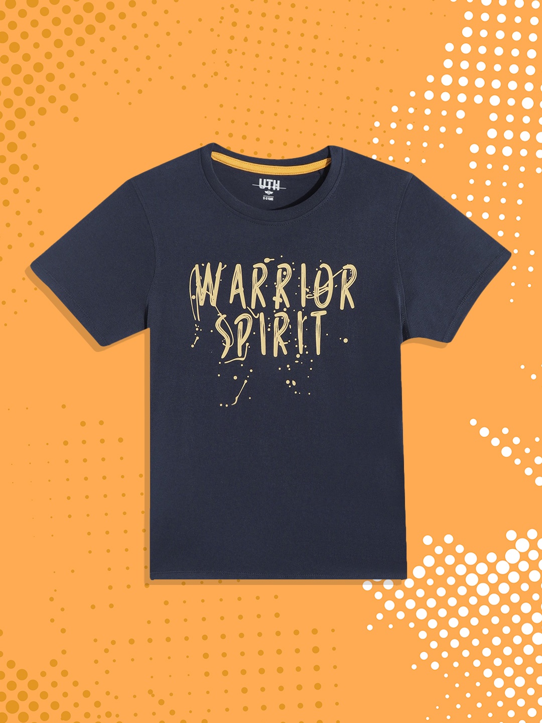 UTH by Roadster Boys Navy Blue & Yellow Pure Cotton Typography Printed T-shirt