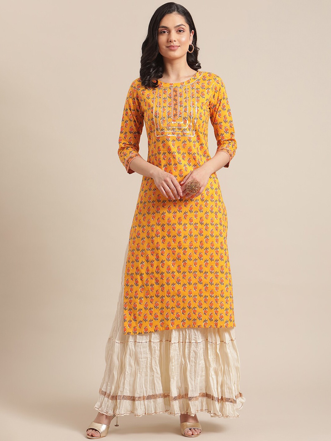 Varanga Women Mustard Yellow & Orange Ethnic Motifs Printed Kurta