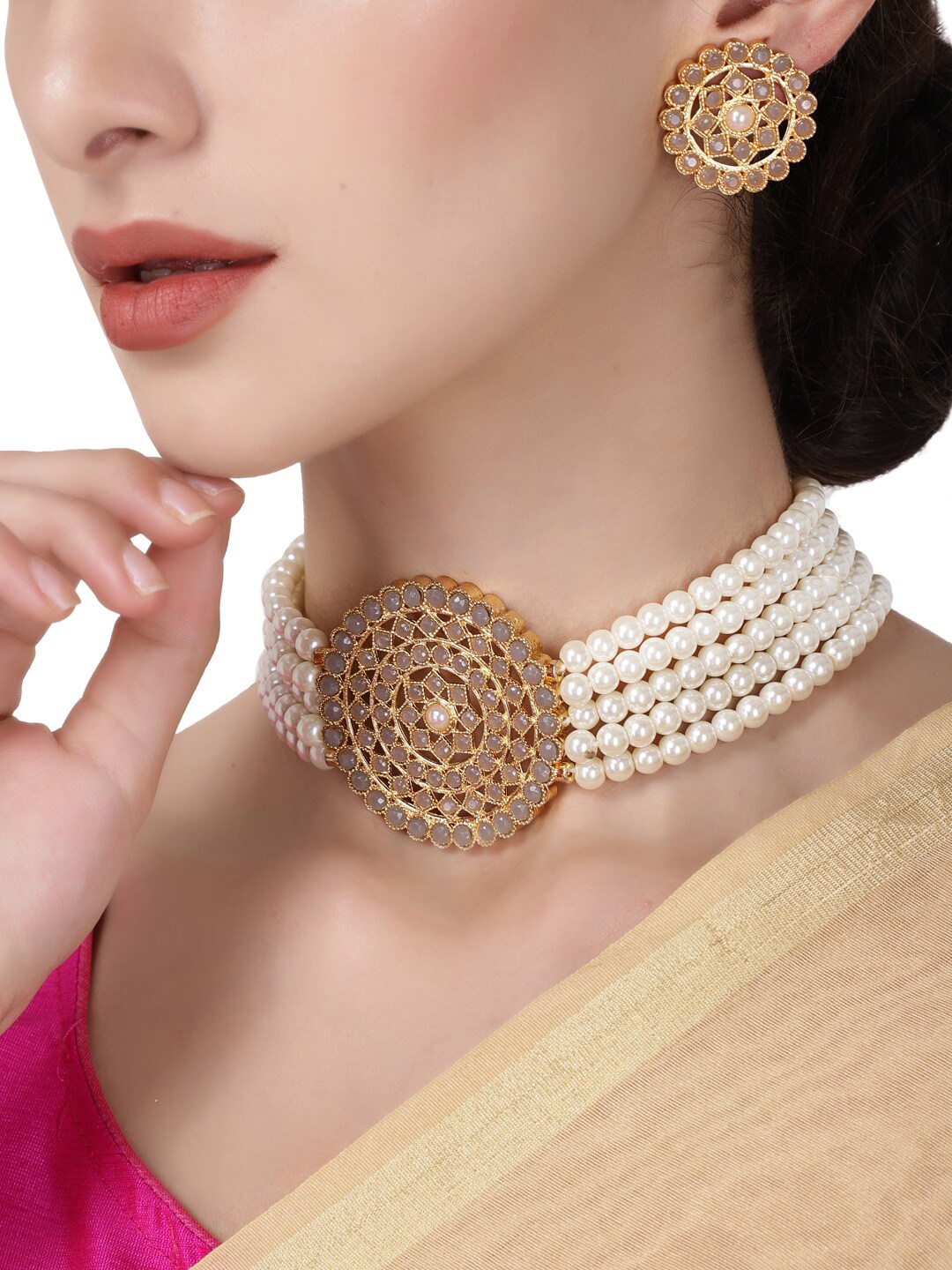 Shining Diva Gold-Plated Grey & White Stone-Studded & Pearl Beaded Antique Jewellery Set
Shining Diva Gold-Plated Grey & White Stone-Studded & Pearl Beaded Antique Jewellery Set