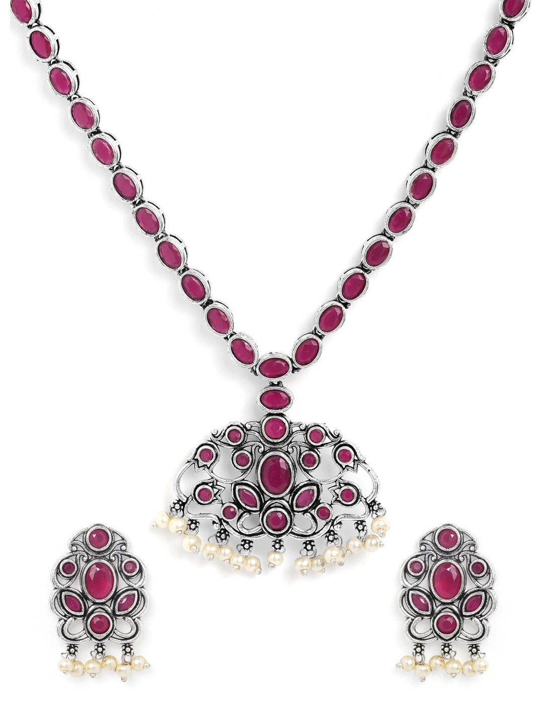 Rubans Oxidised Silver-Plated Pink & White Stone-Studded & Beaded Handcrafted Jewellery Set
Rubans Oxidised Silver-Plated Pink & White Stone-Studded & Beaded Handcrafted Jewellery Set