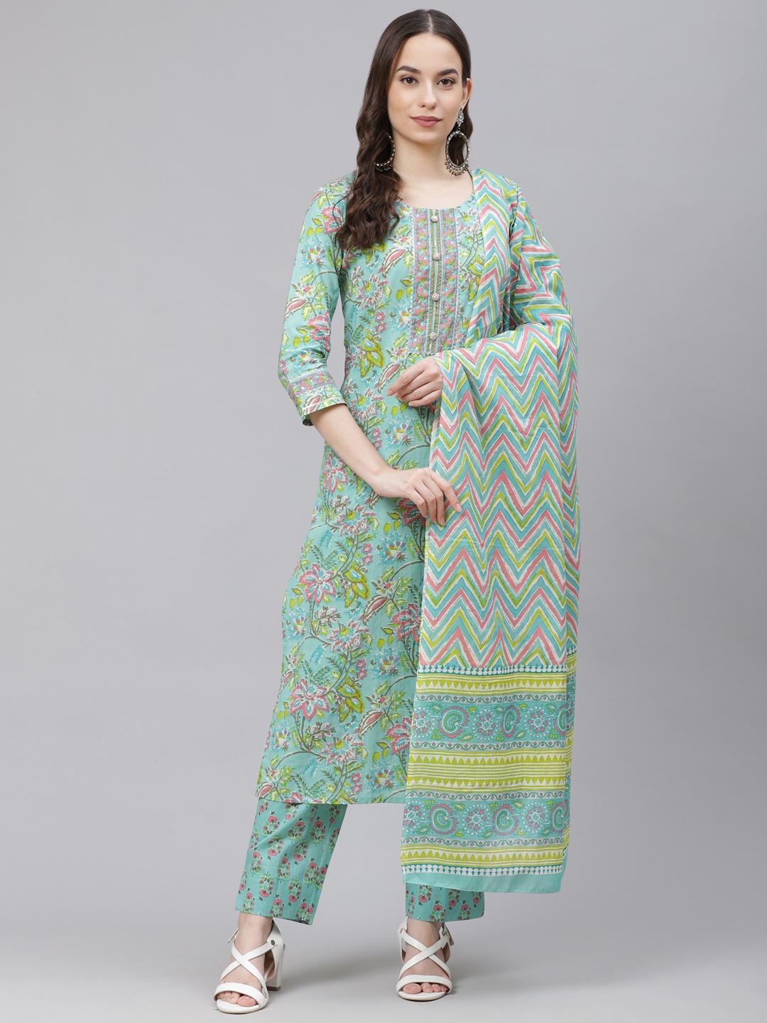 AHIKA Women Green & Pink Ethnic Motifs Print Pure Cotton Kurta with Trousers & Dupatta
AHIKA Women Green & Pink Ethnic Motifs Print Pure Cotton Kurta with Trousers & Dupatta