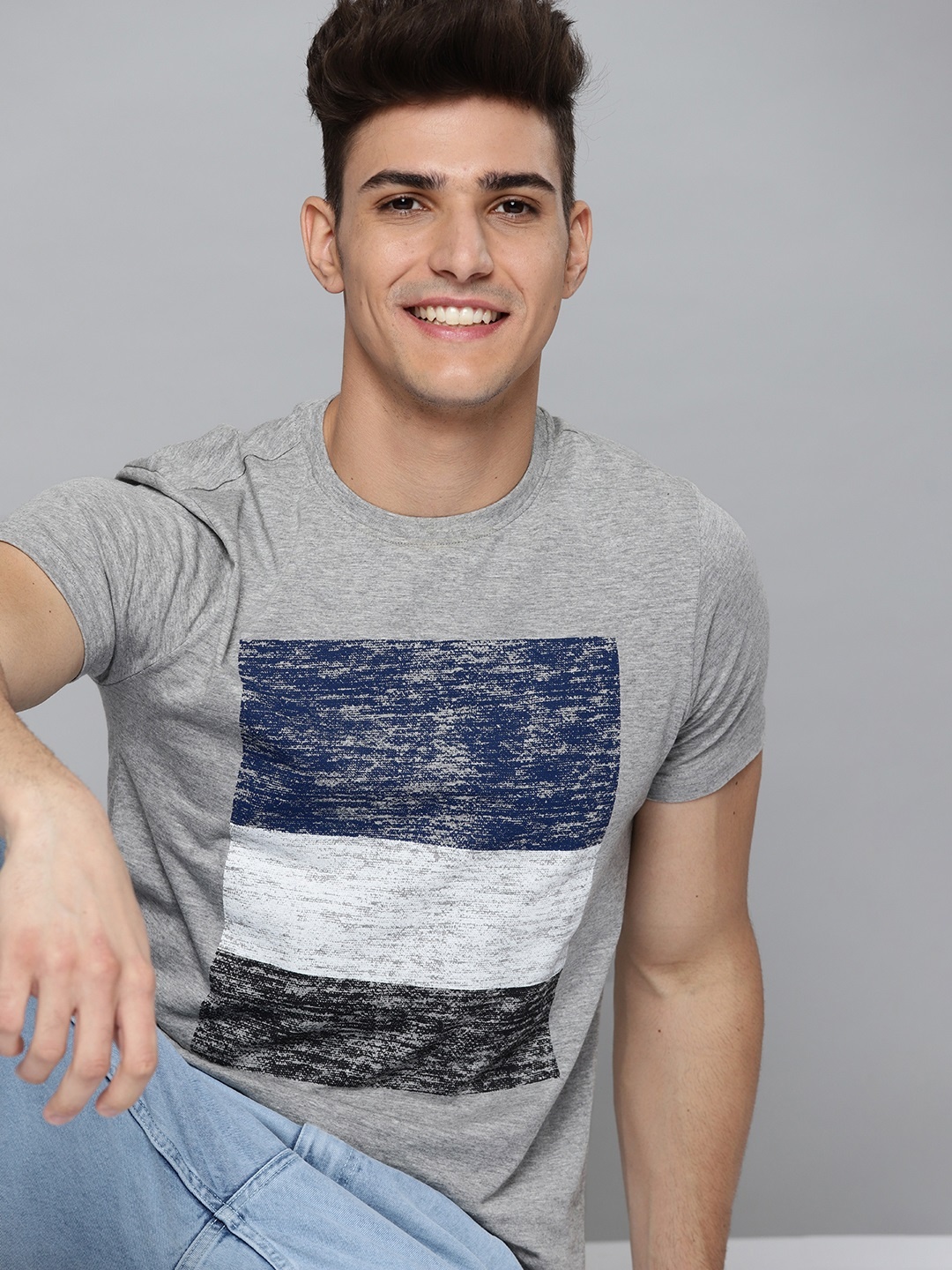 Mast & Harbour Men Grey Melange & Blue Printed T-shirt