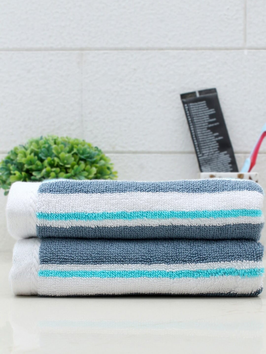 AVI Living Set of 2 Sea Spray Stripe Hand Towel, Multicolor, GSM 550, Turquoise blue