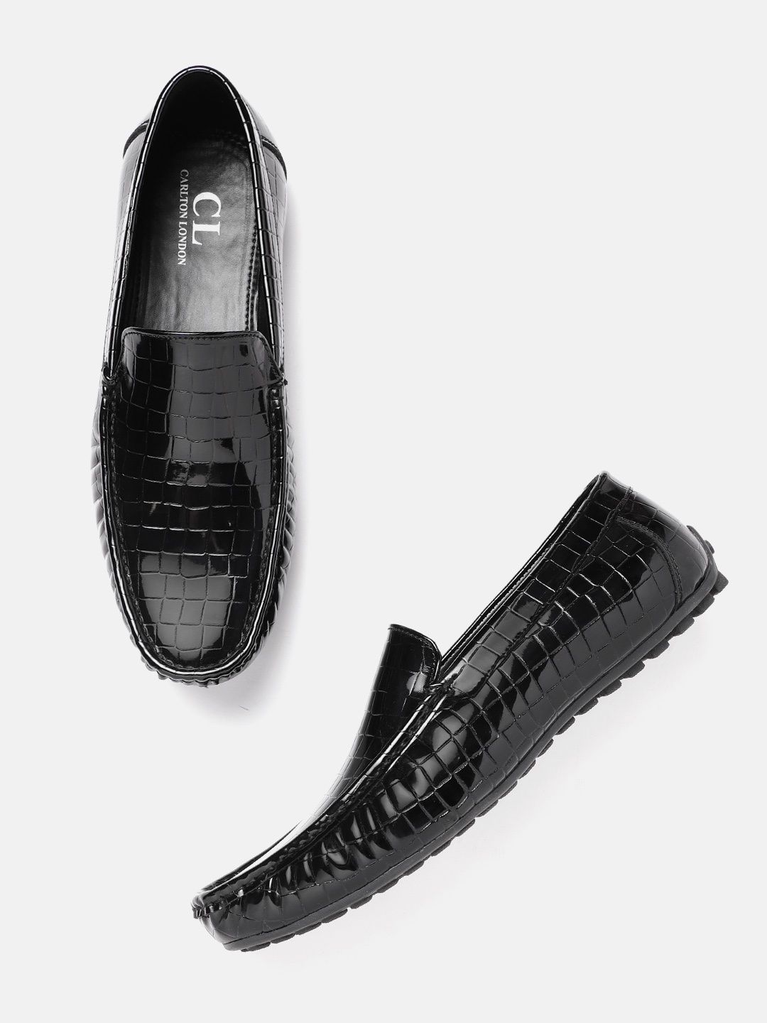 Carlton London Men Black Croc Textured Driving Shoes with Glossy Finish