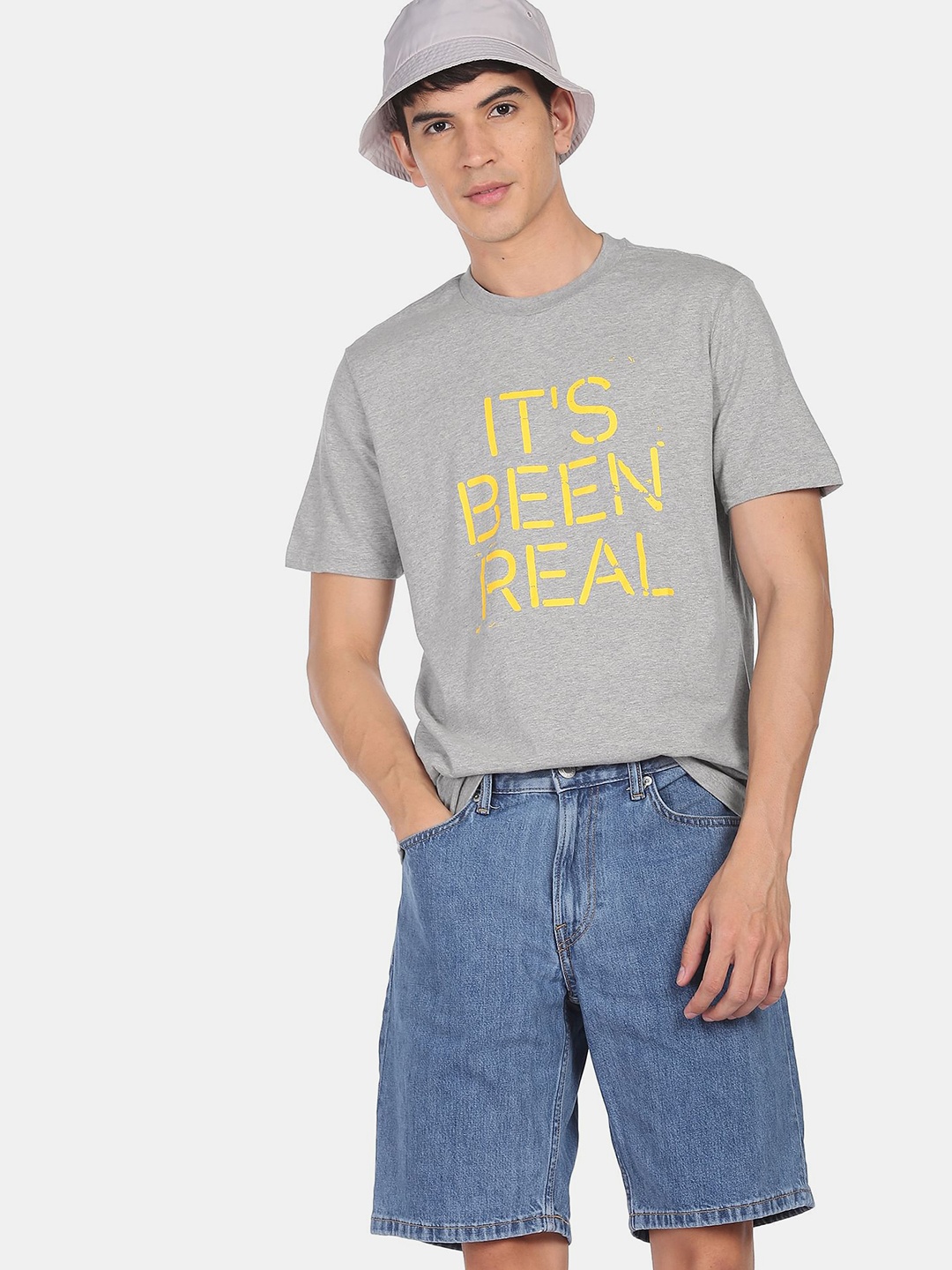 Aeropostale Men Grey Typography Printed Pure Cotton T-shirt