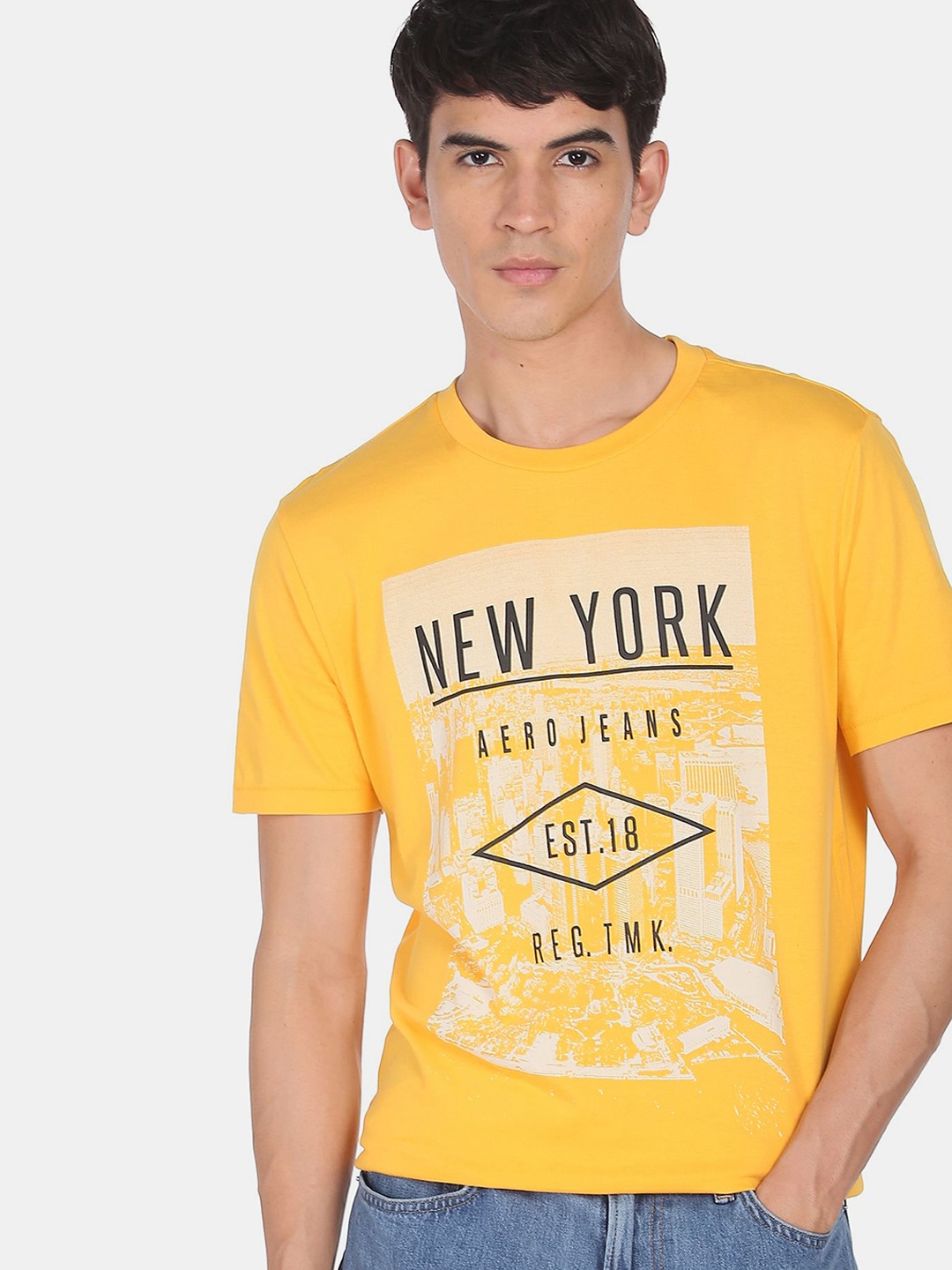 Aeropostale Men Yellow Typography Printed Pure Cotton T-shirt
