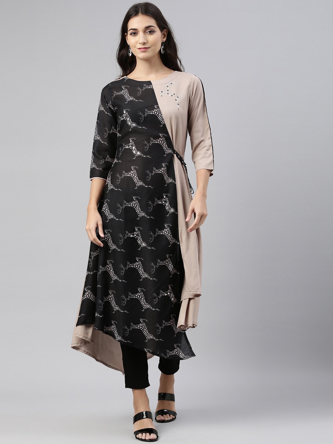 Neerus Women Black & Beige Printed Kurta